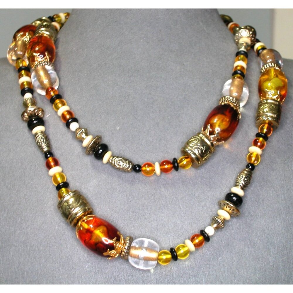 Vintage 34-Inch Multi-Color Beaded Acrylic Necklace With Ornate Accents
